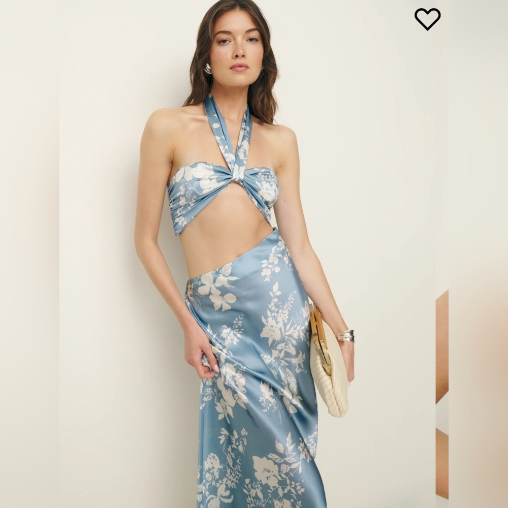(SOLD) NEW Reformation Vivi Silk Maxi Dress 4 Maxi Cutout Blue White Floral ñ